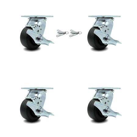 Service Caster 4 Inch Polyolefin Caster Set with Roller Bearings 4 Swivel Lock 2 Brake SCC SCC-30CS420-POR-TLB-BSL-2-TLB-2